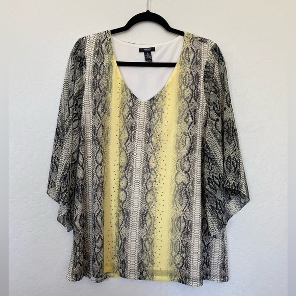 Alfani Snakeskin Pattern 3/4 Sleeve Blouse Yellow/Gray Size 1X - Picture 1 of 9